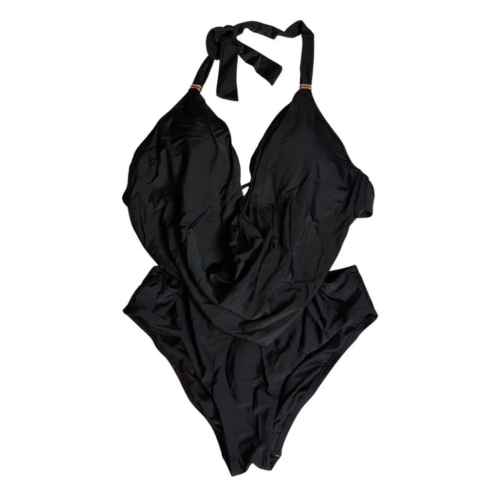 Bar III Solid Black Cowl Neck One Piece Swimsuit Bathing Suit Size Large NEW
